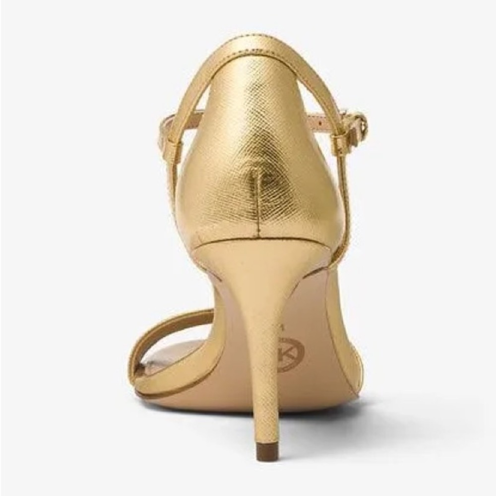 NIB Michael Kors Simone Mid Sandal Pale Gold High Heel Ankle Strap Shoes Sz 7 - Picture 2 of 13